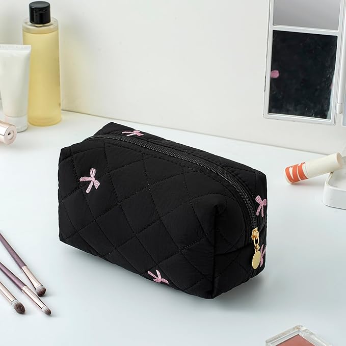 Makeup Bag Travel Cosmetic Bag for Women Girls, Zipper Make Up Pouch, Floral Flowers Toiletry Organizer Makeup, Portable Storage Cosmetic Travel Cloth Bag (Black)