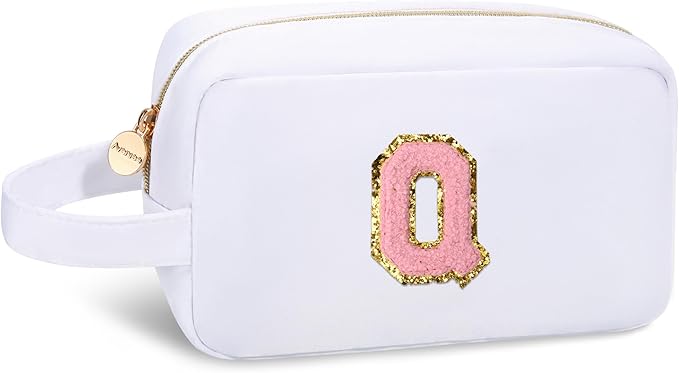 Aveniee Travel Makeup Bag for Women,Initial Monogram Cosmetic Bag Toiletry Pouch,Makeup Case for Friendship,Birthday or Teacher Gifts for Women Teen Girls-White Q