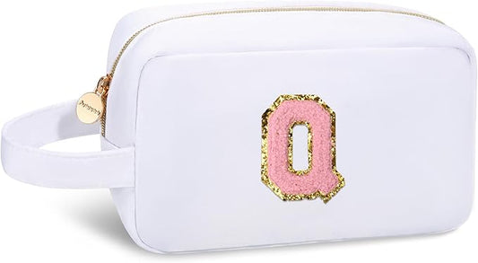 Aveniee Travel Makeup Bag for Women,Initial Monogram Cosmetic Bag Toiletry Pouch,Makeup Case for Friendship,Birthday or Teacher Gifts for Women Teen Girls-White Q