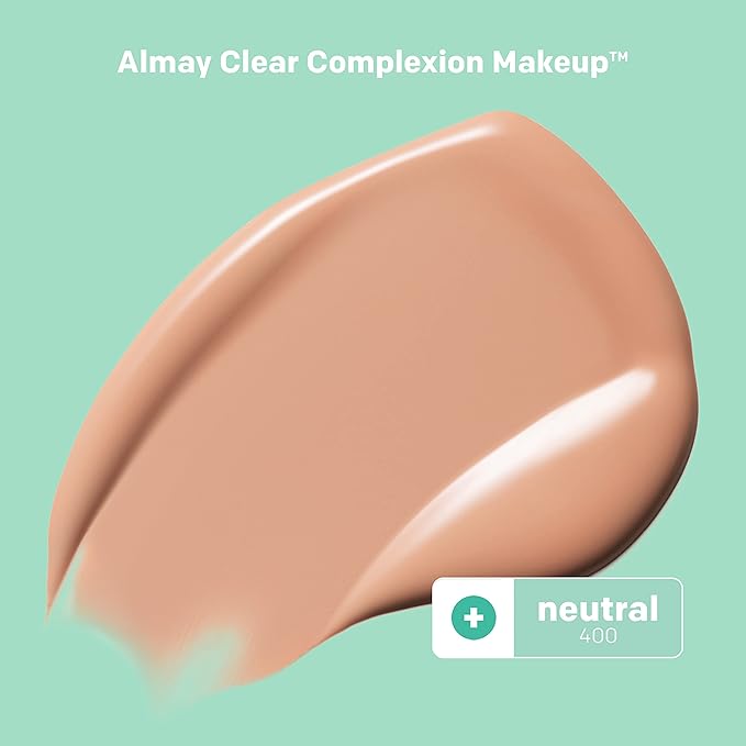 Almay Clear Complexion Acne Foundation Makeup with Salicylic Acid, Medium Coverage, Soft Matte Finish, Hypoallergenic, Cruelty- & Fragrance-Free, Dermatologist Tested, 400 Neutral, 1 fl oz