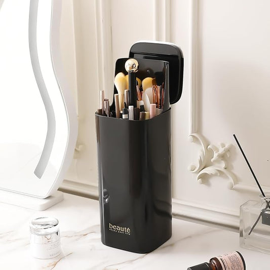 Makeup Brush Holder with Lid Cosmetic Tools Organizer（Black）