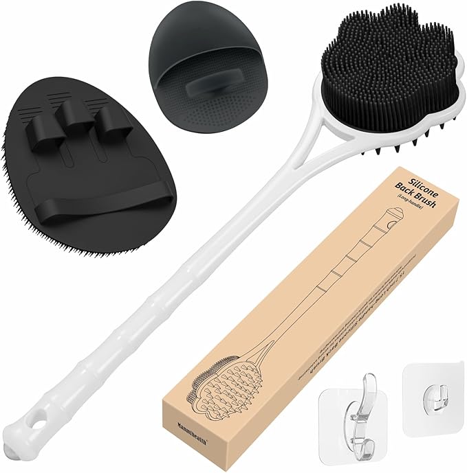 Manmihealth 15.7" Cute Silicone Body Scrubber & Soft Shower Brush Face Scrubber Set (3 PCS), Paw-Shaped Silicone Back Brush & Body Facial Scrubber with Super-Soft Bristles Combination(BlackSet)