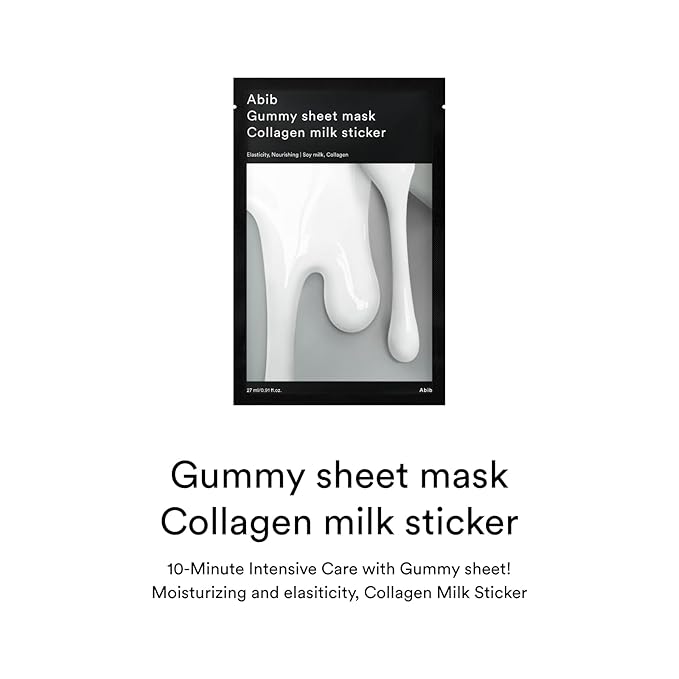 Abib Gummy Sheet Mask Collagen Milk Sticker(10 sheets) I Elasticity & Moisture Care with Niacinamide, Peptides, Cica & Soy Ferment – Unscented Microfiber Firming Mask
