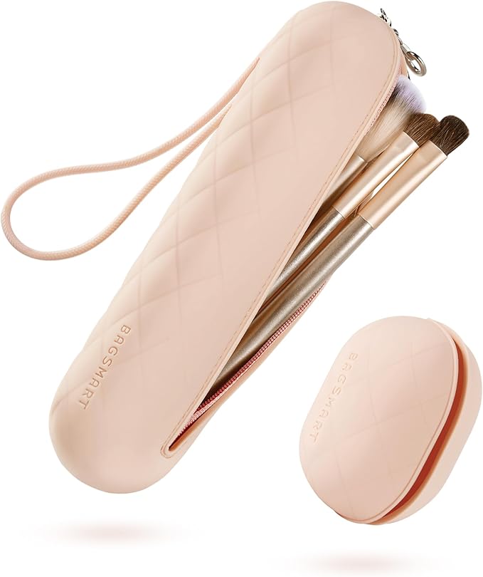 BAGSMART Travel Makeup Brush Holder Bag with Metal Zipper Closure, Travel Makeup Brush Case Cosmetic Bag, Silicone Soft Portable Face Brushes Travel Essentials Organizer Holder, Light Khaki