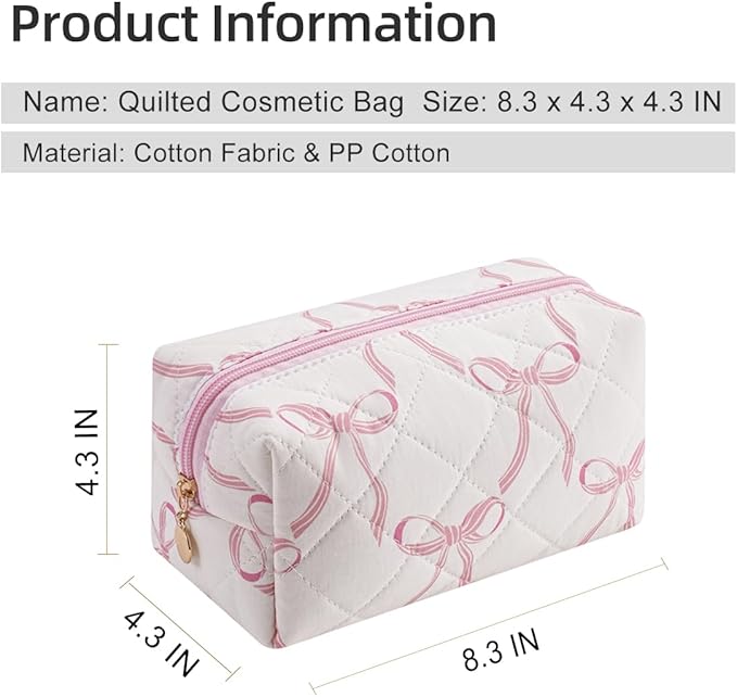 Gleyemor Small Quilted Makeup Bag for Women, Cute Floral Bow Cosmetic Bag, Emergency Bag Travel Toiletry Cotton Pouch Gifts for Girls Her Mom Friend Sister Bridesmaid (Big Pink Bow)