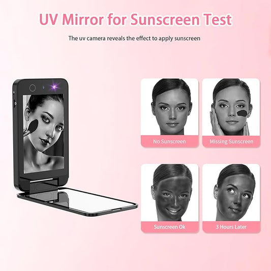 DESCHEN 2500mAh Rechargeable UV Camera UV Mirror for Sunscreen Test, 4 Inch Portable Double-Sided Travel Smart UV Lens Compact Detection Makeup Sunscreen Testing Camera Mirror, Skin Sun Protection
