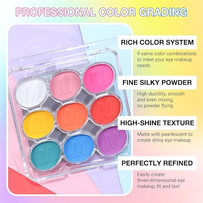 9 Colors Eyeshadow Palette Makeup, Multicolor Pop Eyeshadow Palette, Blendable Matte Shimmer, White Pink Rose Pink Yellow Orange Red Green Blue Purple Palette Eye Shadow, Long-lasting waterproof 2#