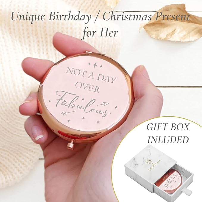 Birthday Gifts for Women - Not a Day Over Fabulous Rose Gold Compact Mirror - Birthday Gift Ideas for Friend; Coworker, Aunt, Mom - All Ages inc. 30th, 40th, 50th 60th, 70t 80th