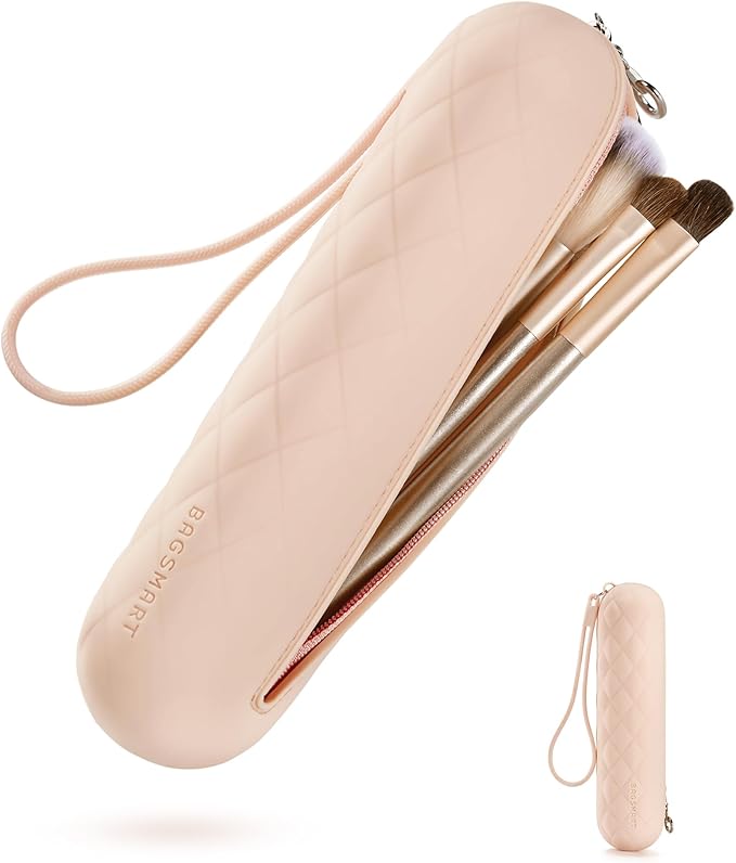 BAGSMART Makeup Brush Holder Bag, Travel Small Makeup Bag for Purse, Make Up Brush Bag Case Cosmetic Bag, Silicone Soft Portable Face Brushes Travel Essentials Organizer Holder, Light Khaki