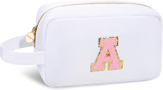 Aveniee Initial Makeup Bag for Women,Monogram Travel Make Up Bag Organizer With Handle,Personalized Cosmetic Toiletry Bag,Christmas Birthday Gifts for Women Teen Girls Daughter Teacher-White A