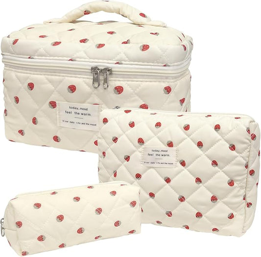 3 Piece Strawberry Quilted Makeup Bag, Large Capacity Travel Cosmetic Bag for Women and Girls, Aesthetic Storage for Daily and Travel Use (3pcs-Strawberry)