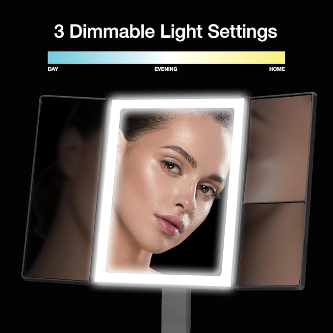 Fancii LED Lighted Makeup Mirror with 3 Color Temp, Rechargeable Trifold Vanity Mirror with 5X / 7X Magnifications - Dimmable Lights, Ultra Reflective Glass, Touch Sensor, Cosmetic Stand (Zora)