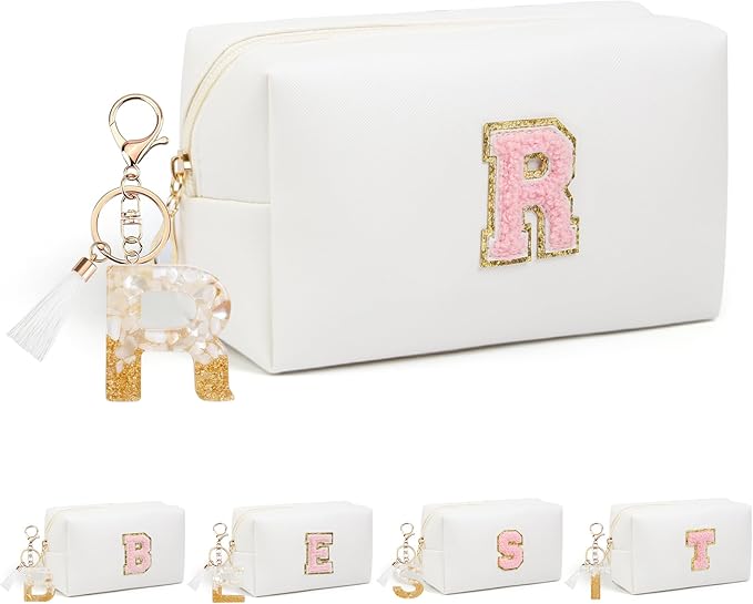 Birthday Gifts for Women Her,Travel Cute Makeup Bag,Large Capacity Cosmetic Bags for Women Makeup Pouch PU Leather Waterproof Cosmetic Bag (R, White)