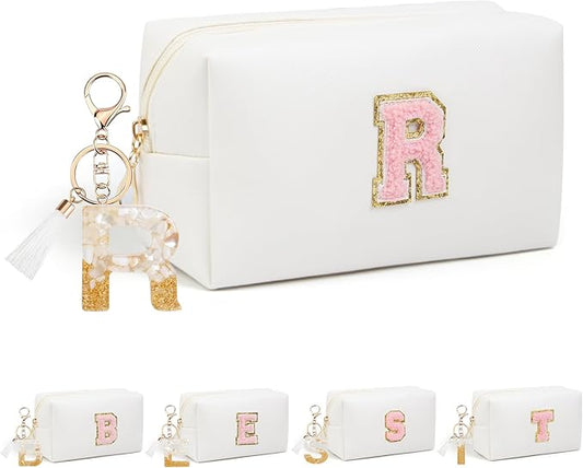 Birthday Gifts for Women Her,Travel Cute Makeup Bag,Large Capacity Cosmetic Bags for Women Makeup Pouch PU Leather Waterproof Cosmetic Bag (R, White)