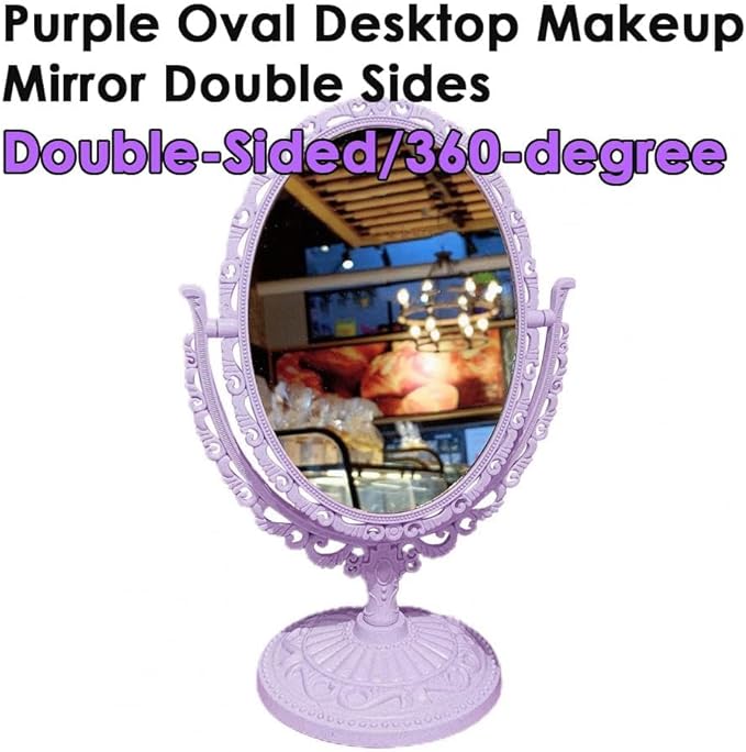 AKOAK 1 Pack Desktop Makeup Mirror, Oval Desk Makeup Mirror, Double-Sided 360-degree Rotating Makeup Mirror Bathroom Bedroom Makeup Mirror, Travel Mirror Suitable for Women (Purple)