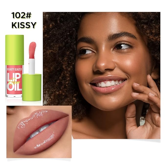 Beauty Glazed Big Brush Head Lip Oil, Ultra-Hydrating & Nourishing, Smooth Glossy Finish Lip Glow Oil, Shiny and Vegan Tinted Lip Gloss, Non-Sticky Formula (4, 101# 102# 105# 107#)