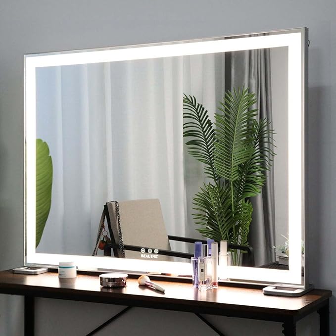 ANYHI Large Vanity Mirror with LED Light, 36.2" x 26.8"Hollywood Lighted Makeup Mirror, Tabletop/Wall Mirror for Bedroom & Makeup Room, Smart Touch Control, 3 Color Modes, Silver