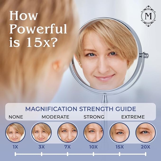 MIRRORVANA 15X Magnifying Makeup Mirror with Stand - Double-Sided 15X/1X Design - Suitable for Vanity Desk, Dressing Table, or Bathroom Countertop for Precise Make Up - 12" High x 6" Wide (Chrome)