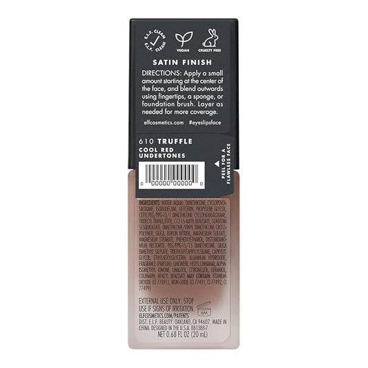 e.l.f. Flawless Satin Foundation, Lightweight & Medium Coverage, Semi-Matte Finish, Vegan & Cruelty-Free, Truffle, 0.68 Fl Oz (20mL)