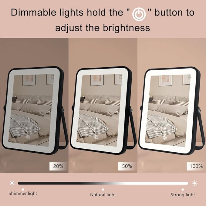 Black Rechargeable Makeup Vanity Mirror with Lights, Small Desk Makeup Mirror with Lights, 3 Lighting Modes, Dimmable Touch Screen, Tabletop Light up Mirror