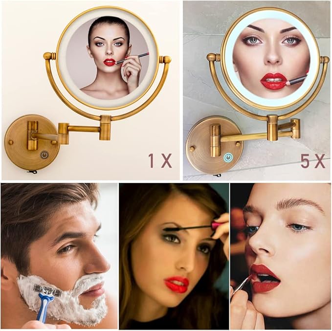 8" Brass Wall Mount Makeup Mirror with Lights, 1X/5X Double Sided Personal Mirrors for Bathroom with 360 Swivel Extendable, Antique Brass Indoor Arts Ware, Plug Powered