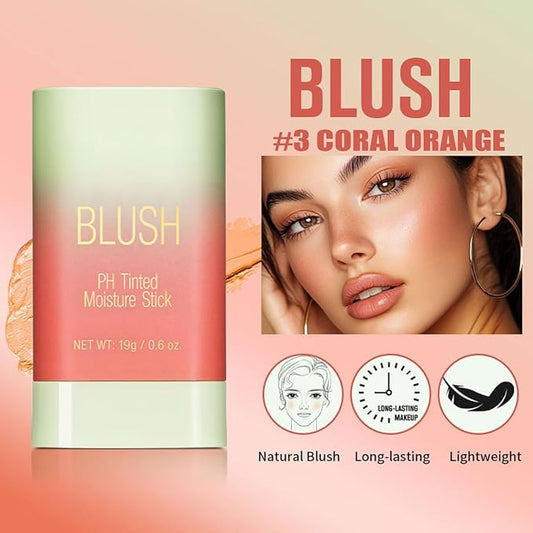 PH Tinted Moisture Stick, Multi-Use Cream Color Changing Blush, 3-in-1 Blush Stick for Cheek/Eyes/Lips, Waterproof Hydrating Tinted Solid Makeup Products (3#coral orange)