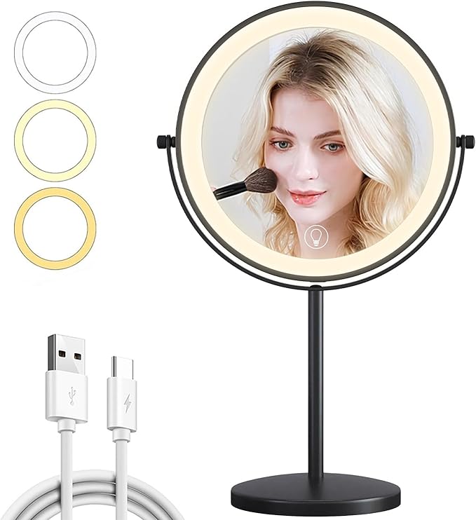 9in Vanity Mirror with Lights, Rechargeable&Dimming Lighted Makeup Mirror, 3X/20X Double Sided Magnifying Mirror, 5000mAh, 360 Rotate,3 Color Lights,Brightness with 80 LED,No Height Adjustment,Black