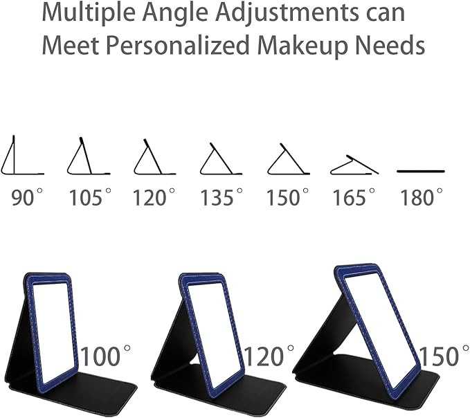 Blue Foldable Desk Mirror, 5.3×6.9” Adjustable Angle Rounded Rectangle PU Edge Covering Travel Mirror with Stand (MBlue)