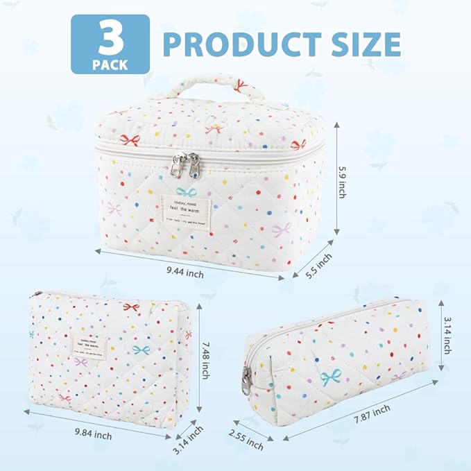 3Pcs Cotton Quilted Makeup Bag Set,Large Floral Cosmetic Bag，Aesthetic Toiletry Travel Makeup Bag Set and Cute Flower Bag for Women Girls (Apricot Colored Dot)