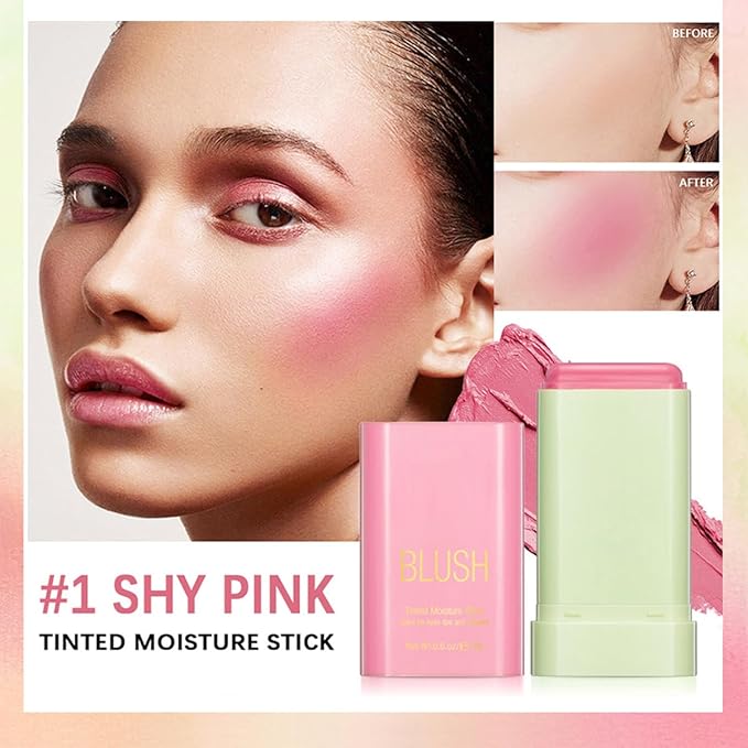 Multi-Use Makeup Blush Stick, Tinted Solid Moisturizer On-the-Go Blush, Multi-use Cream Blush Stick for Cheek & Eyes & Lips, Waterproof Natural Nude Makeup for All Skin (1# Shy Pink)