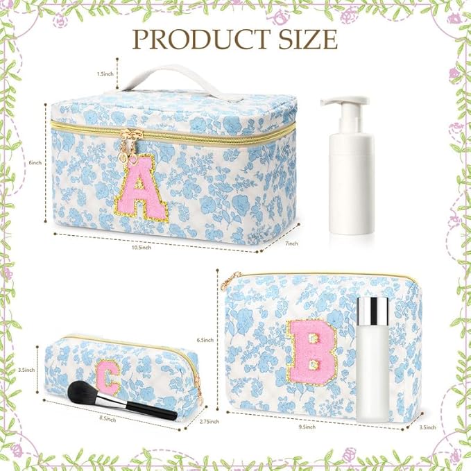 3 PCS Travel Makeup Bag Set, A-Z Initials Cotton Make up Bag Floral Quilted Cosmetic Bag for Girls and Women, Personalized Cute Toiletry Bag Travel Accessories Brushes Bag Blue - K