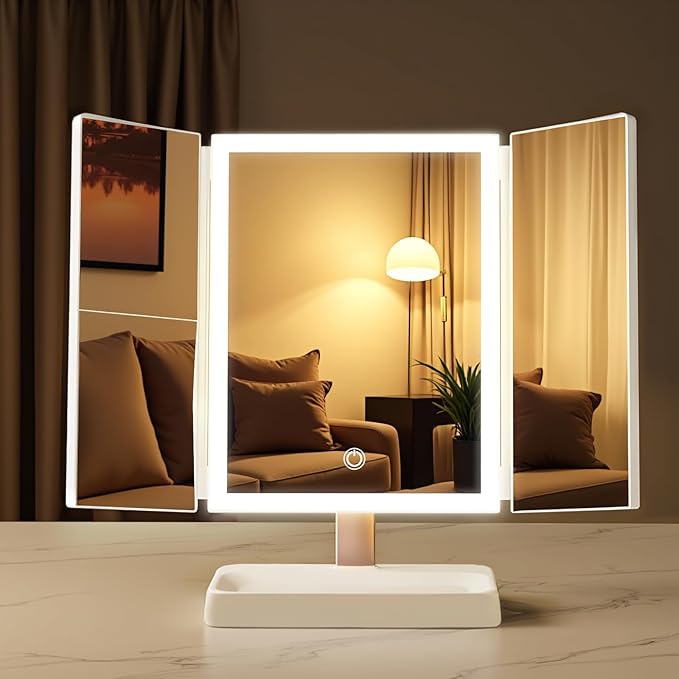 3- Folding Makeup Mirror, 76 lamp Beads, 3 Adjustable Color Modes,Long Press The Touch Button to Adjust The brightness1%-100%, 1x / 2X / 3X Magnification (1, Triplex Mirror Ivory White)