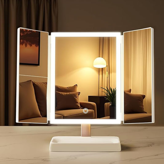 3- Folding Makeup Mirror, 76 lamp Beads, 3 Adjustable Color Modes,Long Press The Touch Button to Adjust The brightness1%-100%, 1x / 2X / 3X Magnification (1, Triplex Mirror Ivory White)