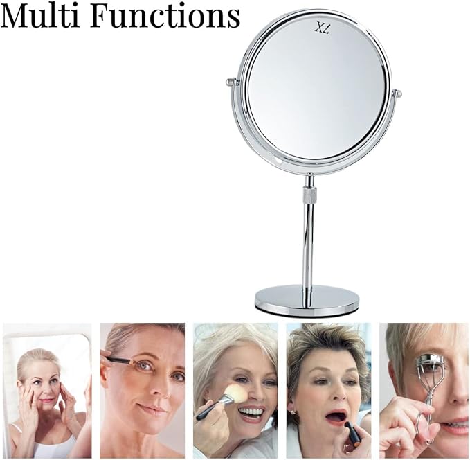 19 Inch Tabletop Makeup Mirror 8 Inch Double-Sided 7X Magnification, High Adjustable Mirror with Pedestal for Bathroom, Standing Chrome Finish (Silver)