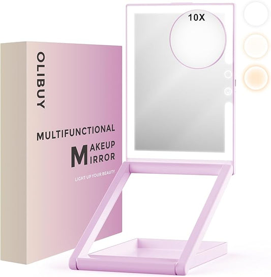 OLIBUY Travel Makeup Mirror with 10X Magnifying Mirror, Height and Angle Adjustable Folding Lighted Makeup Vanity Mirror, Rechargeable 3 Color Illumination LED Mirror, Travel Essential