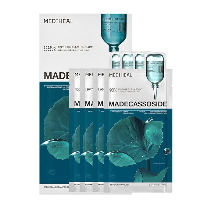 Mediheal Madecassoside Essential Sheet Mask Blemish Repair 4 pcs. 98% Purity Madecassoside & Hyaluronic Acid Included. Enhancing Moisture Barrier & Skin Texture Care. Vegan Formula Sheet Mask