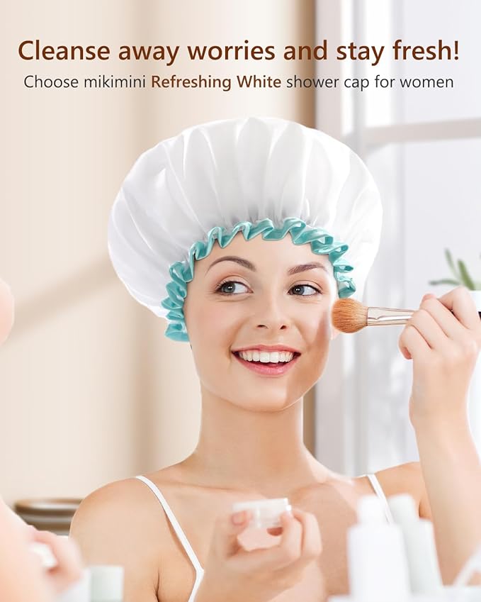 mikimini Shower Cap for Women and Girls,Reusable,Waterproof, Washable, Cute and Soft,White