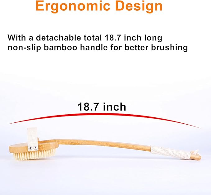 Body Brush Back Scrubber,18.7 inch Long Handle Detachable Body Brush with Dual Brushing Heads for Dry Brushing Shower, Bamboo Medium Firm Bristle Brush for Body Cellulite and Lymphatic (Beige)