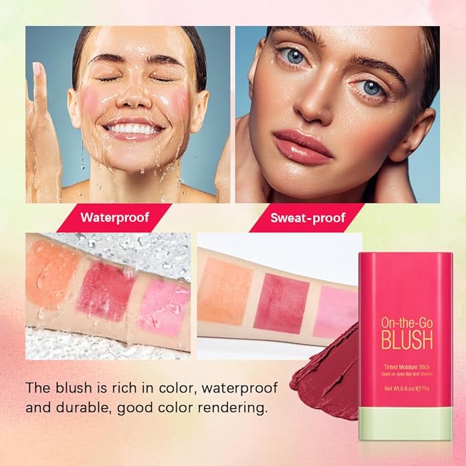 Multi-Use Cream Blush Stick,2-in-1 On-the-Go Blush for Cheek and Lip Tint,Waterproof Hydrating Tinted Solid Moisturizer Blendable Natural Grow Nude Face Blush Makeup,01 shy pink