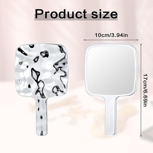 2 PCS Hand Held Mirrors with Handle Water Ripples Hand Mirror with Handle Silver Handheld Makeup Mirror Handheld Garden Single-Sided Normal Hands Mirrors for Make up (6.69 × 3.94 Inches)