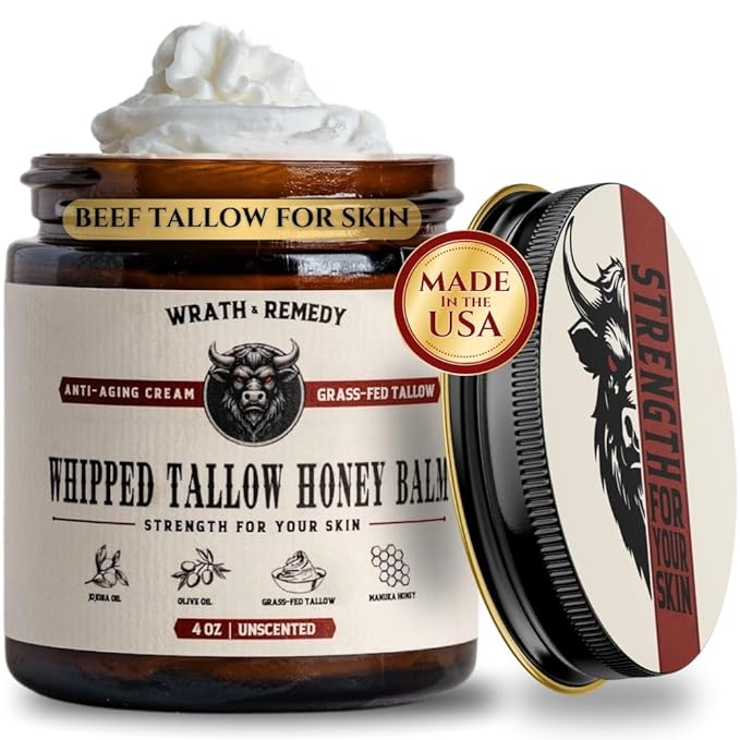 Wrath & Remedy Handmade Whipped Organic Beef Tallow for Skin - 4 OZ (Unscented) — Grass Fed Beef Tallow Moisturizer and Honey Balm for Silky, Sensitive-Skin, Eczema, Rosacea - Free of Harsh Chemicals