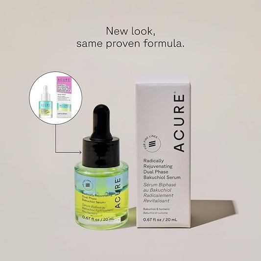 Acure Radically Rejuvenating Dual Phase Bakuchiol Serum - Anti-Aging & Soothing Skin Support - All Natural Made with Eggplant, Turmeric & Bakuchiol - Vegan Skin Care, Hydrates & Defends - 0.67 oz