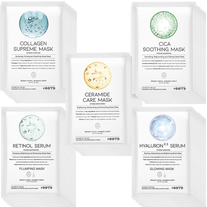 50Combo Korean Face Sheet Mask Gift Pack, Hydrating, Calming, Brightening, Smooting, Rejuvenating, EVE Vegan, Cica, Hyaluron, Retinol, Ceramide, Collagen