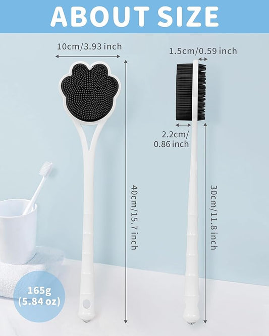 Manmihealth 15.7" Cute Silicone Body Scrubber & Soft Shower Brush Face Scrubber Set (3 PCS), Paw-Shaped Silicone Back Brush & Body Facial Scrubber with Super-Soft Bristles Combination(BlackSet)