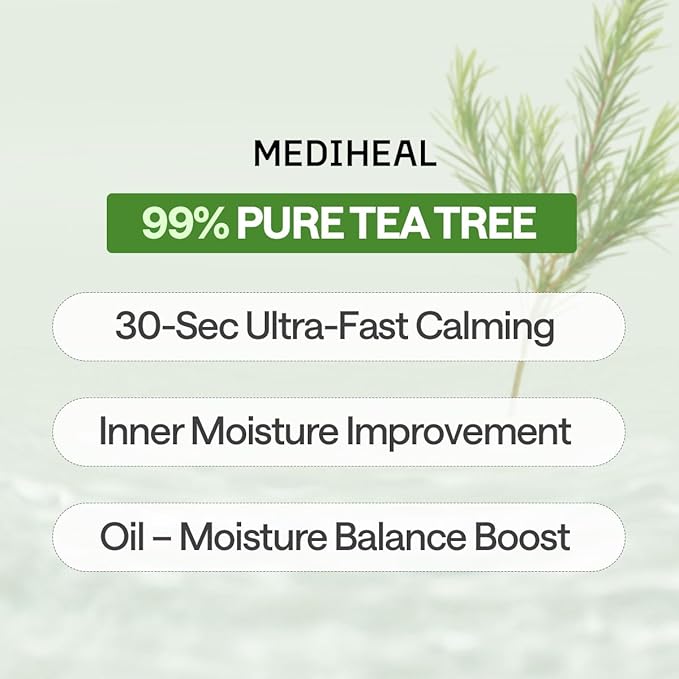Mediheal Teatree Essential Sheet Mask Calming Moisture 10 pcs. 99% Pure Teatree & Teatree 7X for intensive soothing and hydration. Suitable for acne-prone skin. Vegan formula.
