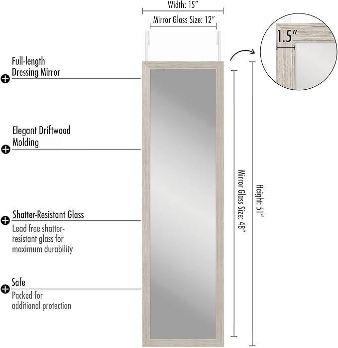 Americanflat 12x48 Over The Door Mirror - Hanging Full Length Mirrors with Engineered Wood - Modern Mirror for Bathroom, Bedroom, Living Room - Mirrors for Wall Display and Home Decor - Driftwood