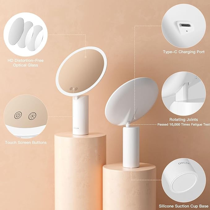 8.9" Lighted Makeup Mirror with 3 Colors, 1X/10X Touch Screen Magnifying Mirror with Light, Rechargeable Table Light up Mirror with Adjustable Stand, Brightness Dimmable Vanity Mirror