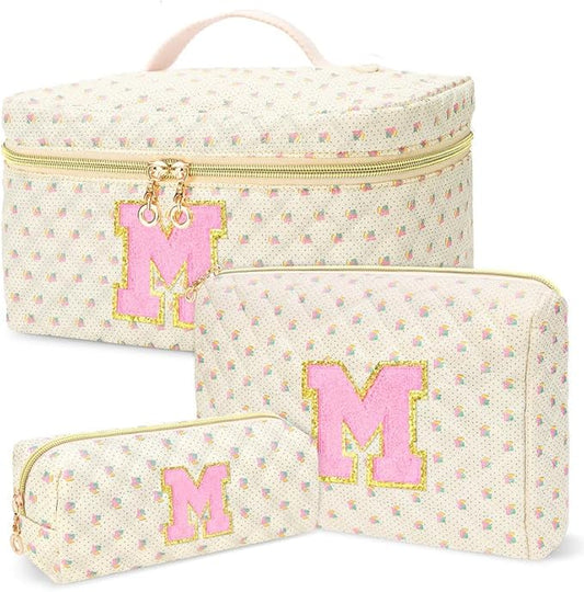 3 PCS Travel Makeup Bag Set, A-Z Initials Cotton Make up Bag Floral Quilted Cosmetic Bag for Girls and Women, Personalized Cute Toiletry Bag Travel Accessories Brushes Bag Yellow - M