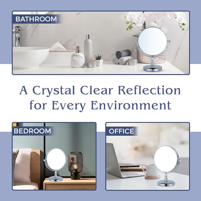 MIRRORVANA 20X Magnifying Makeup Mirror with Stand - Double-Sided 20X/1X Vanity Design for Desk, Countertop, or Bathroom Use - Ideal for Make Up and Skin Care Use - Stands 9" High x 6" Wide (Chrome)