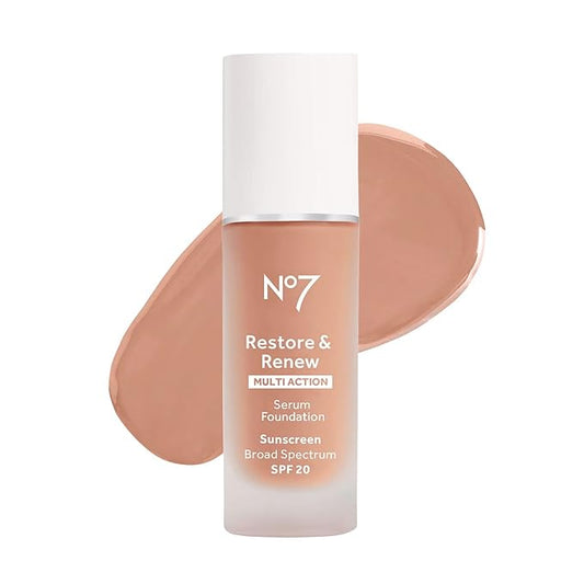 No7 Restore & Renew Multi Action Serum Foundation - Cool Beige - Liquid Foundation Makeup with Vitamin C, Vitamin E & Collagen for Face - Beauty Skin Serum Formula with Medium Coverage (30ml)